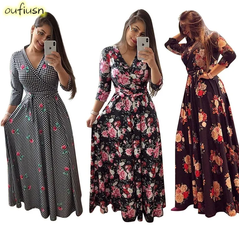 Oufisun Spring Sexy Deep V Neck Women's Dress Bohemia Tunic Maxi Dresses Elegant Vintage Flowers Print Dress Vestidos Plus Size