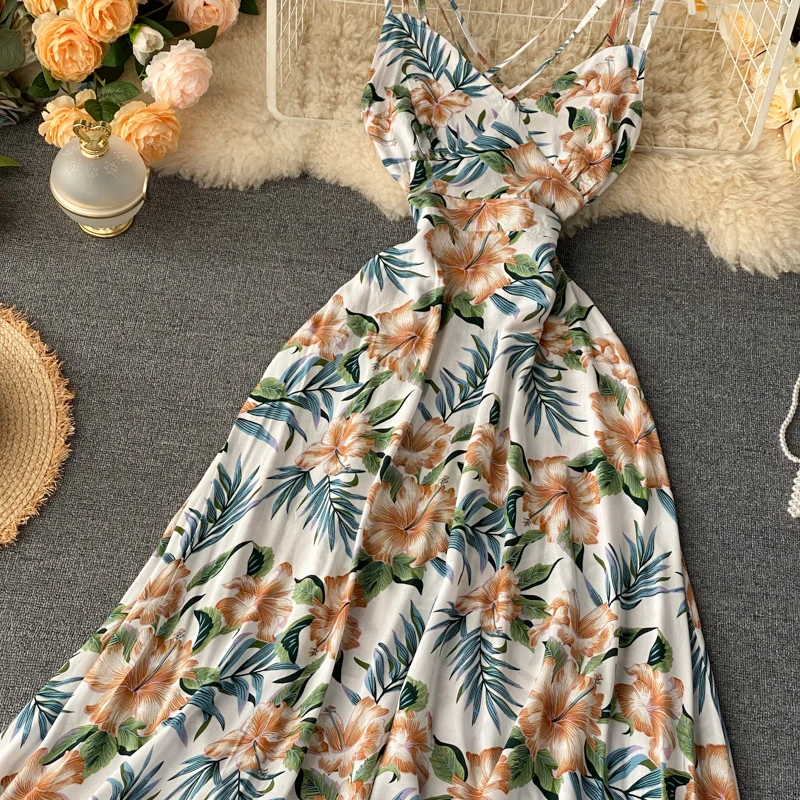 Neploe Sexy Open Back Bohemian Holiday Long Dress High Waist Hip Cross Design Print A Line Vestido V Neck Sleeveless Camis Ropa