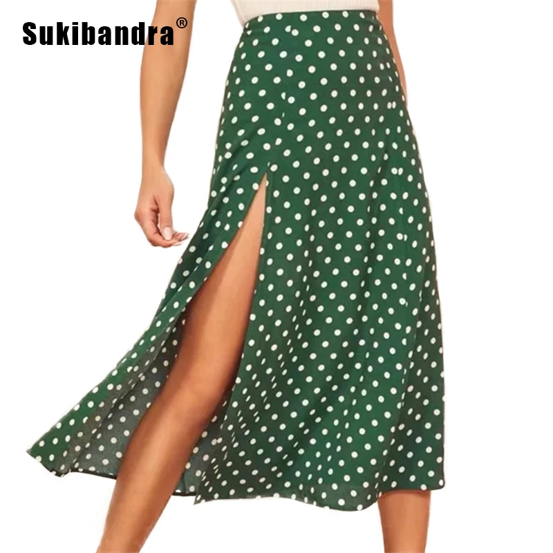 Sukibandra 2019 зеленый горох Высокая Талия Повседневное миди юбка лето высокой стороне Разделение Винтаж Для женщин юбки пляжные Boho дамы юбки