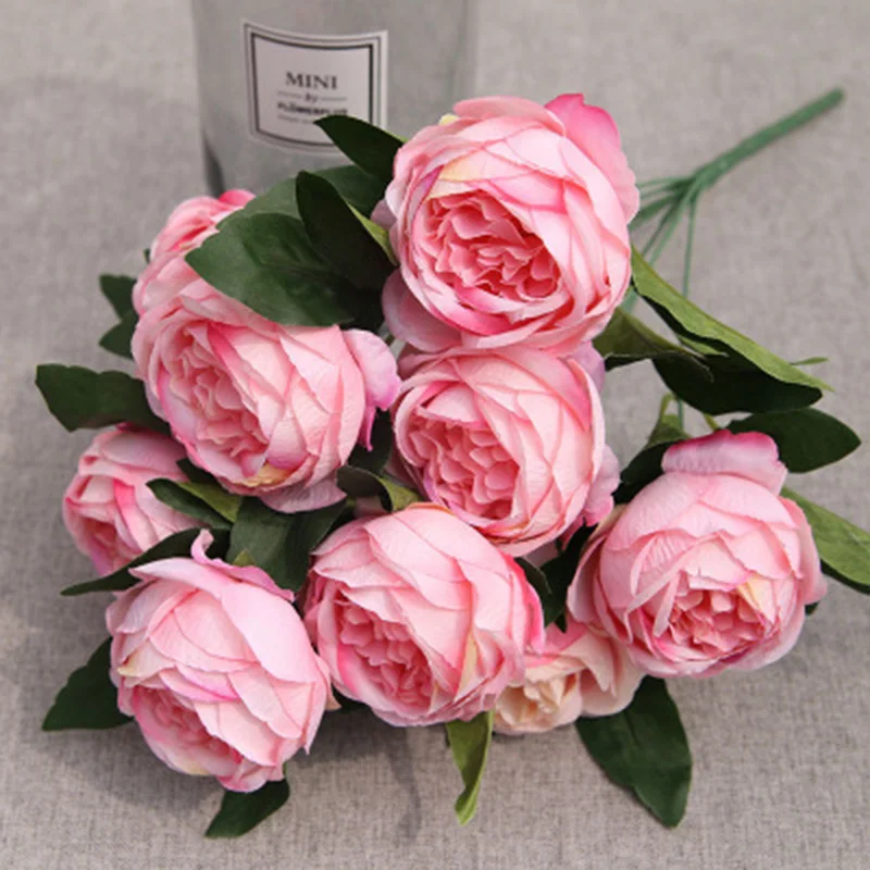 Pink2 10Pcs Artificial Flower Peony Flowers Bouquet Of Western Roses Wedding 9 Color Decorative Flowers Fake Flowers - Цвет: Pink2