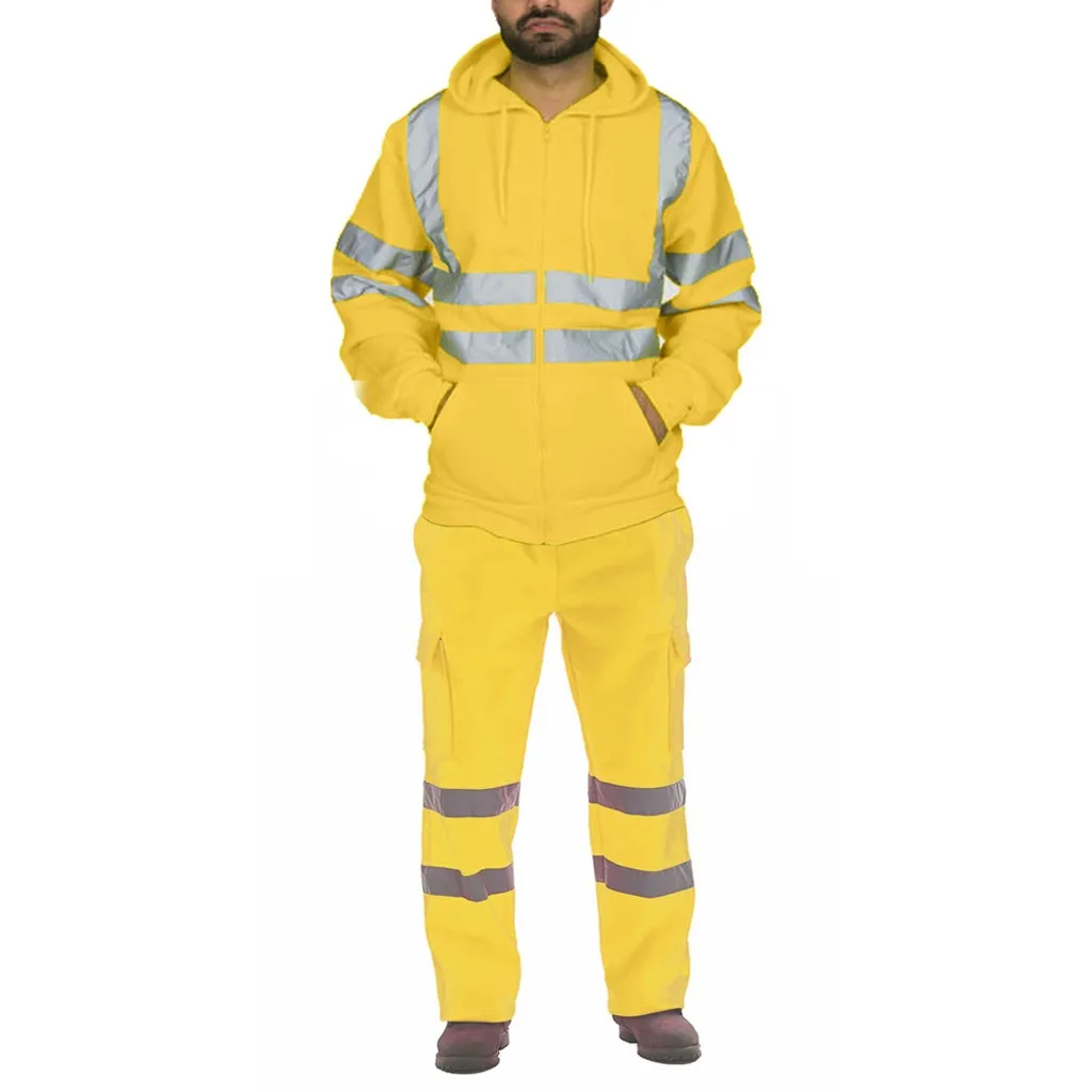 Men's Road Work High Visibility Pullo Sweatshirt Pants Sets Hooded Sweatshirt Sportswear Suits Workout Set Tracksuit Plus Size