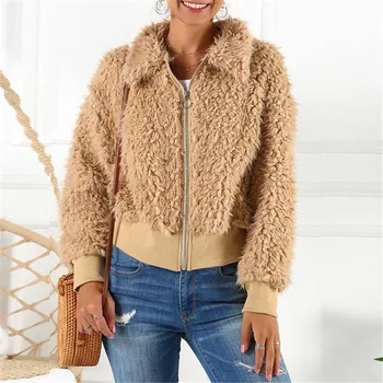 

Ladies' New Short Coats Teddy Bear Fur Winter Warm Casual Short Outwear Female Long Sleeves Pure Color Zippers Jackets Hot Sale