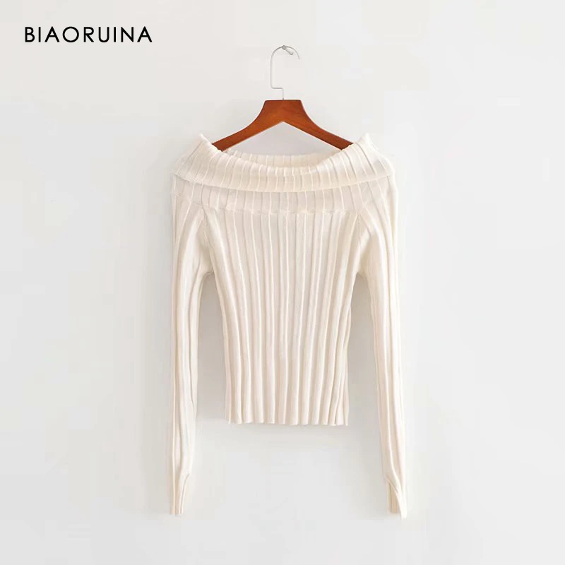 

BIAORUINA Women's Beige Vertical Solid Slim Stretching Knit Sweater Slash Neck Female Sexy Pullovers Keep Warm Sweater
