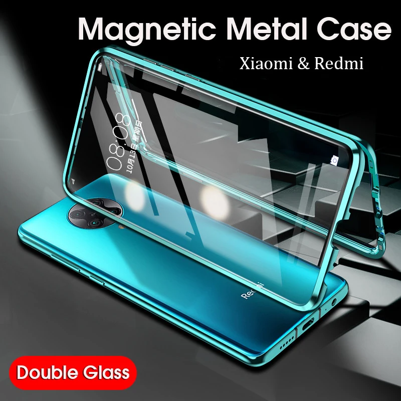 

Magnetic Metal Case poco f2 pro redmi 9 10X k30 pro Case Double Tempered Glass 360 Case Xiaomi Mi 10 Pro 10lite Camera Protector