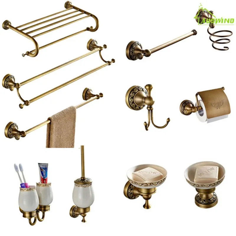 Antique Brass Carved Bathroom Accessories Set Bath Hardware Towel Bar yset007 
