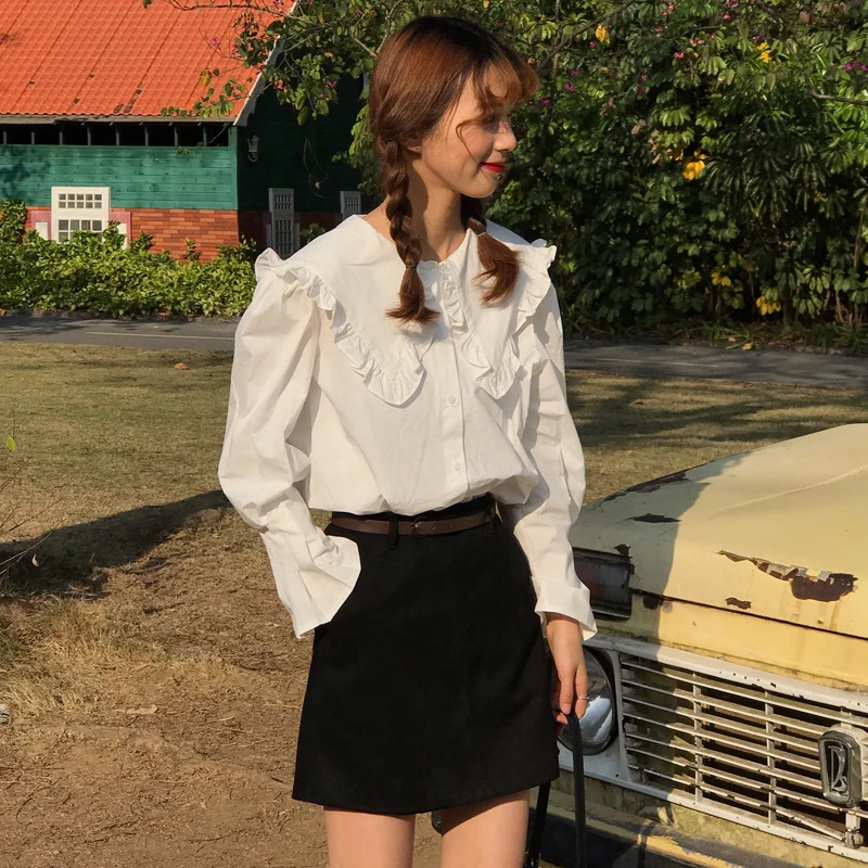 

Clothes Women Peter Pan Collar Loose Breathable Simple and Elegant Lace Stitching White Shirt Sweet Solid Color Shirt Cotton