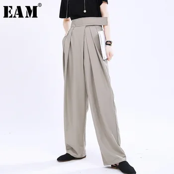 

[EAM] High Adjust Waist Black Pleated Long Wide Leg Trousers New Loose Fit Pants Women Fashion Tide Spring Summer 2020 1U171