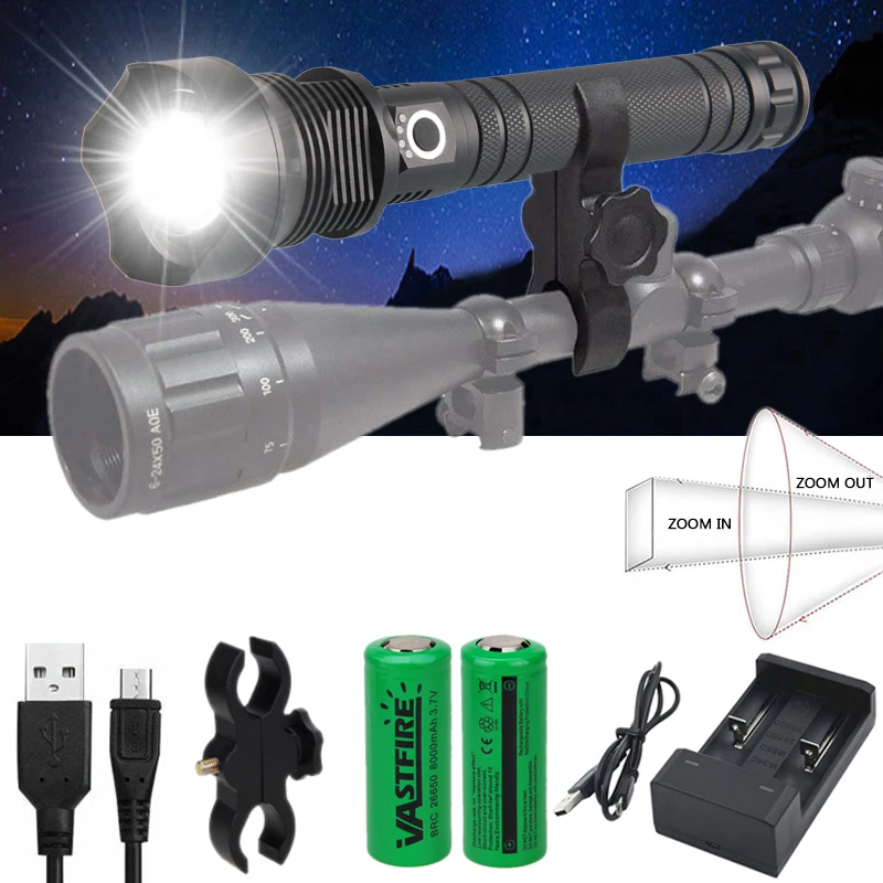 Мощный светодиодный фонарик для охоты XHP70, 1500 лм, фонарь с аккумулятором 2*26650 для кемпинга, рыбалки