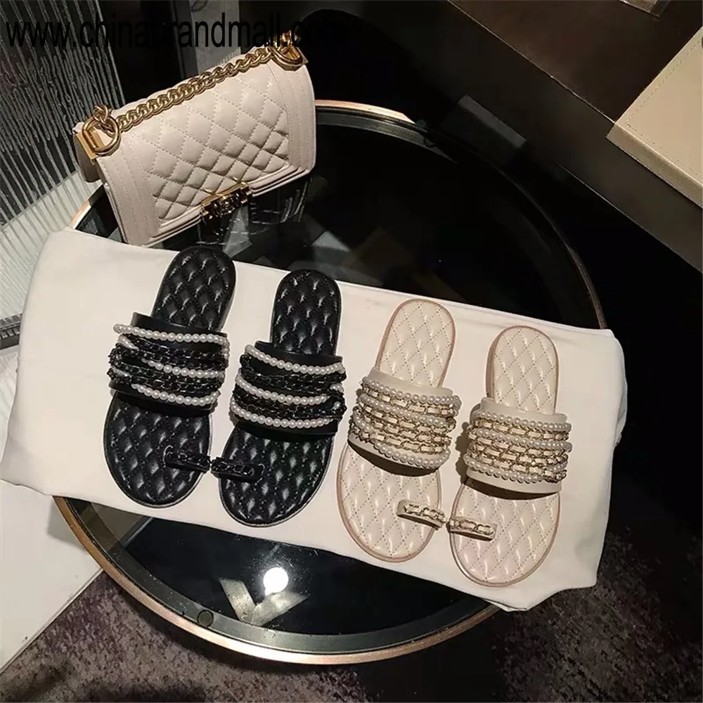 

Summer New Slippers For Women Flat Flip Flops Brand Pearls Metal Chain Open Toe Slide Slip On Soft Flat Shoes Slippers