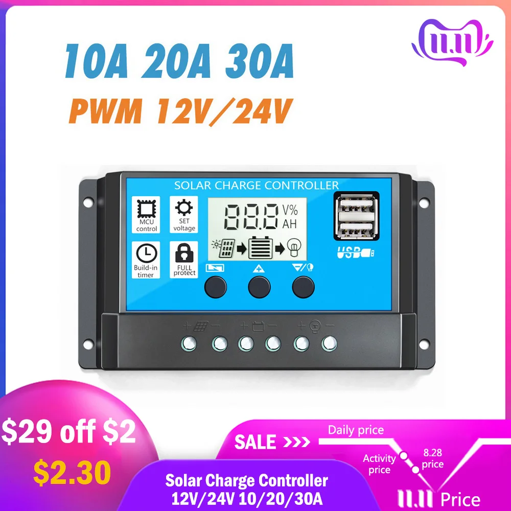 

Solar Charge Controller 12V/24V 10/20/30A Auto PWM 5V Output Solar Panel Battery Controller Regulator With Dual USB LCD Display
