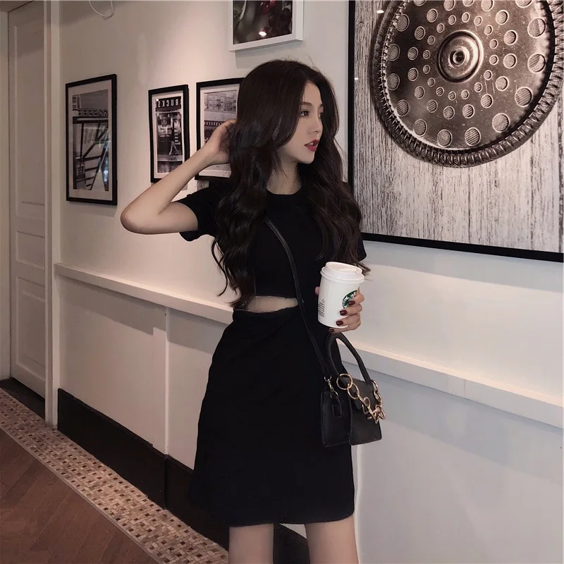 

2019 Summer New Style Normcore Style Slimming Hepburn Black Dress CHIC Sexy Midriff Scheming Black And White with Pattern A- lin
