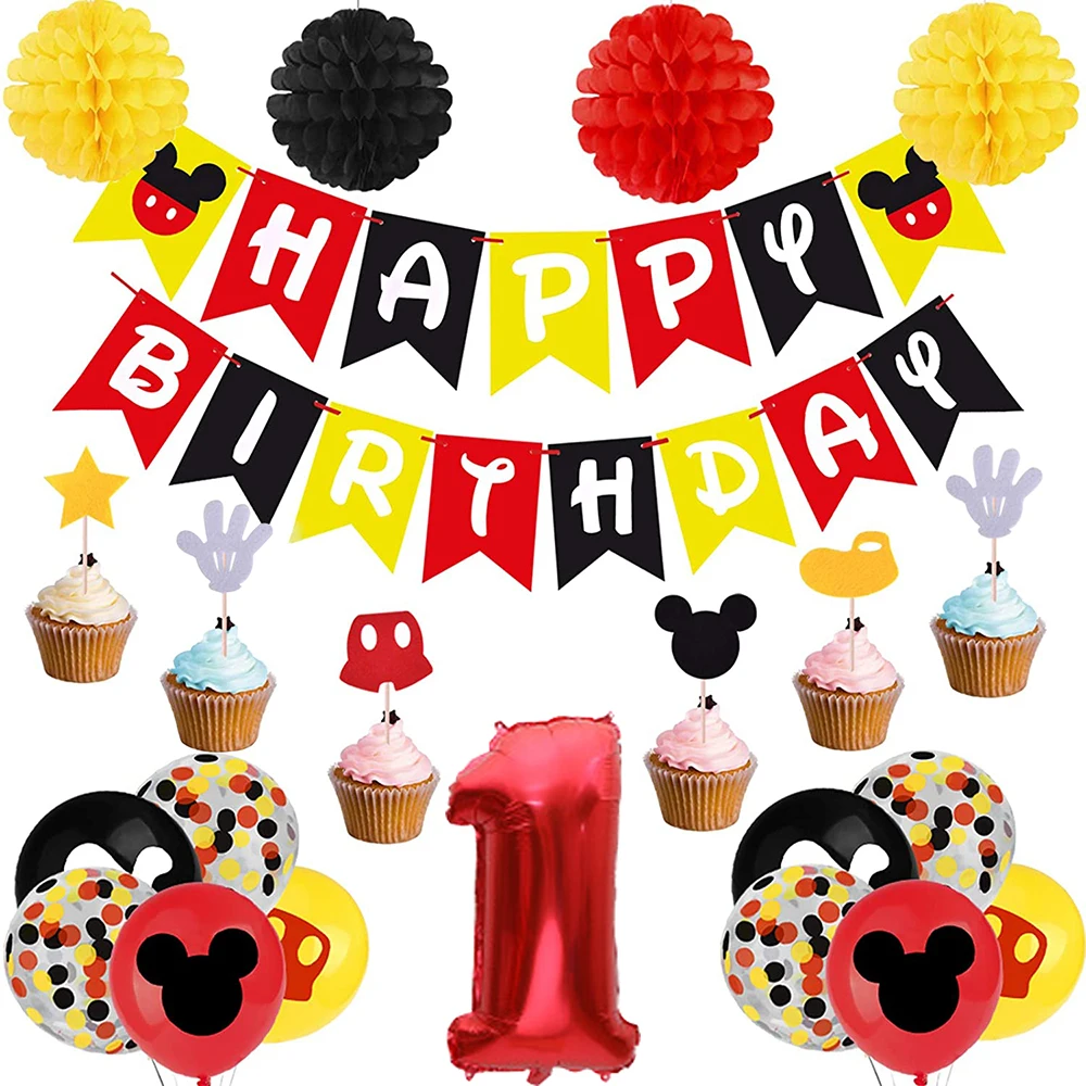 

Mickey Mouse Kids Celebration Birthday Party Decor Plate Napkins Cups Disney Disposable Tableware pennant Party Supplies