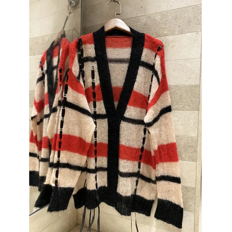 

Handmade Drawstring Design Contrast Thin Cardigan 2019 Autumn Women's Thin Mohair Soft Cardigan Thin Jacket