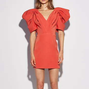 

AEL Elegant Fashion Women's Dress Puff Sleeve V Neck Ruched Bodycon Slim Chic Female Dress Summer Spring 2020 New High Quality