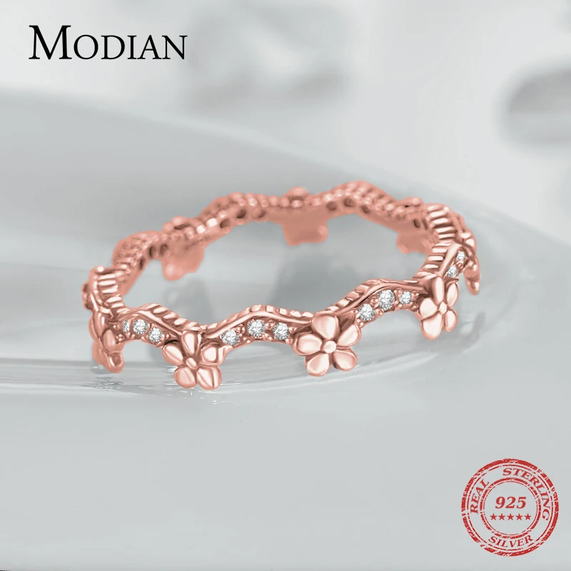 Modian, настоящее 925 пробы, серебряное, 3 цвета, розовое и золотое, кольца на палец, Трендовое, очаровательное, цветочное, штабелируемое кольцо для женщин, хорошее ювелирное изделие