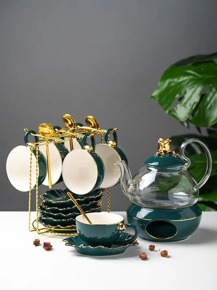 

European heat-resistant tea set afternoon tea heated dark green glaze painted gold ceramic tea separated by coffee flower teapot