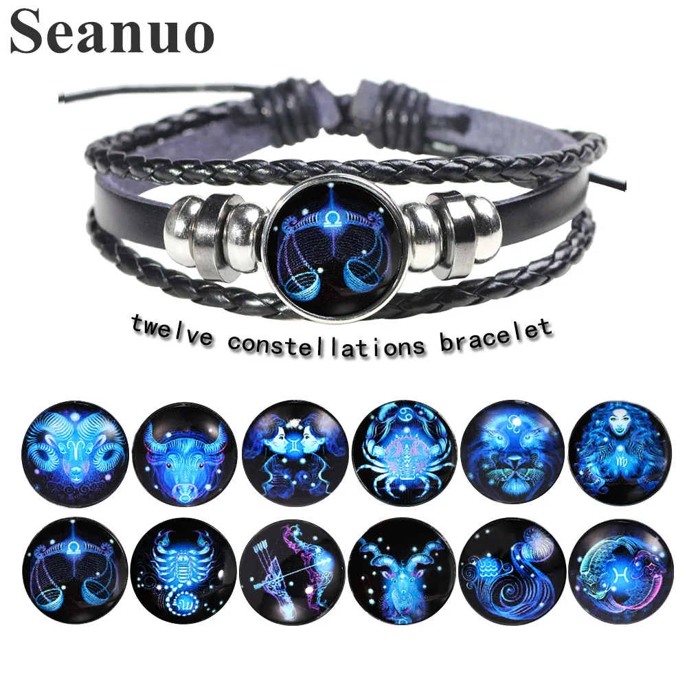 

Seanuo Shinning Blue Glass 12 Constellation Handmade Genuine Leather Charm Bracelet For Men Women Punk Unisex Zodiac Wrap Bangle
