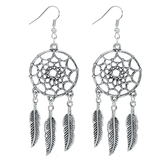 Fancy Hollow Dream Catcher Leaf Feather Shiny Crystals Drop Dangle Earrings For Women Party Jewelry Korean Hanging CZ Earrings Antique Silver