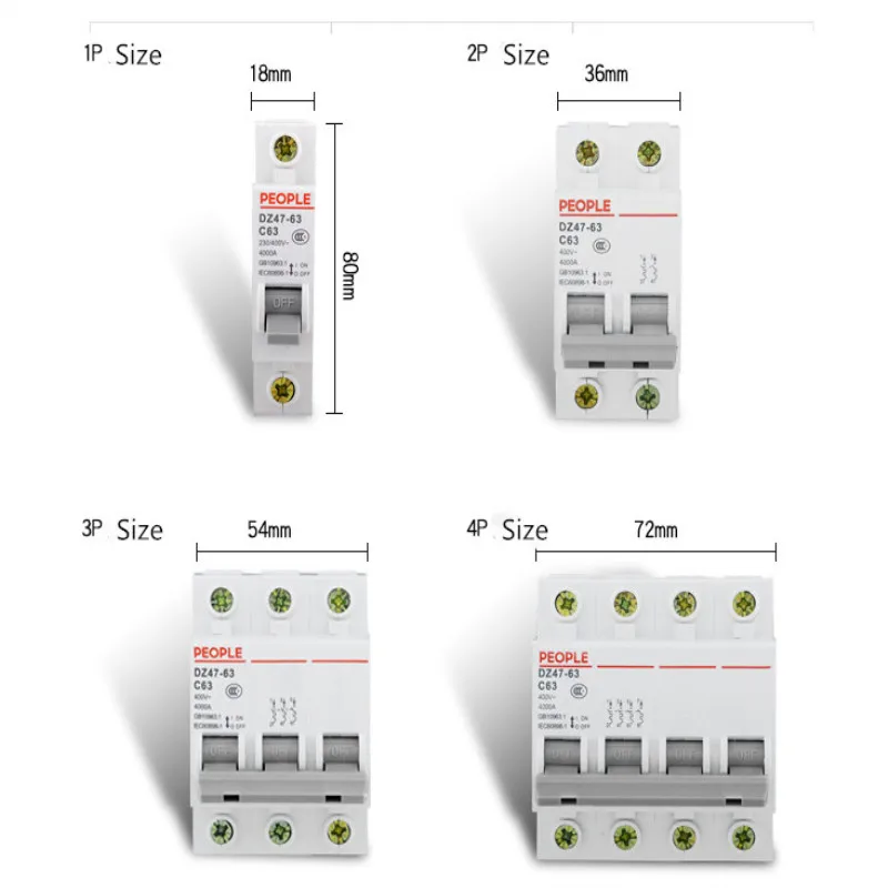 

PeoPle Brand DZ47-63 1P 2P 3P 4P 1A 2A 3A 6A 10A 16A 20A 25A 32A 40A 63A 230V/400V 50HZ Miniature Circuit breaker DZ47