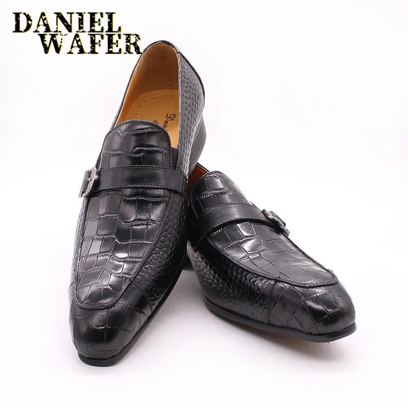 LUXURY HAND MADE LOAFERS MENS FORMAL DRESS CASUAL SHOES CROCODILE PRINTS BUCKLE STRAP SLIP BROWN BLACK GENUINE LEATHER SHOES MEN