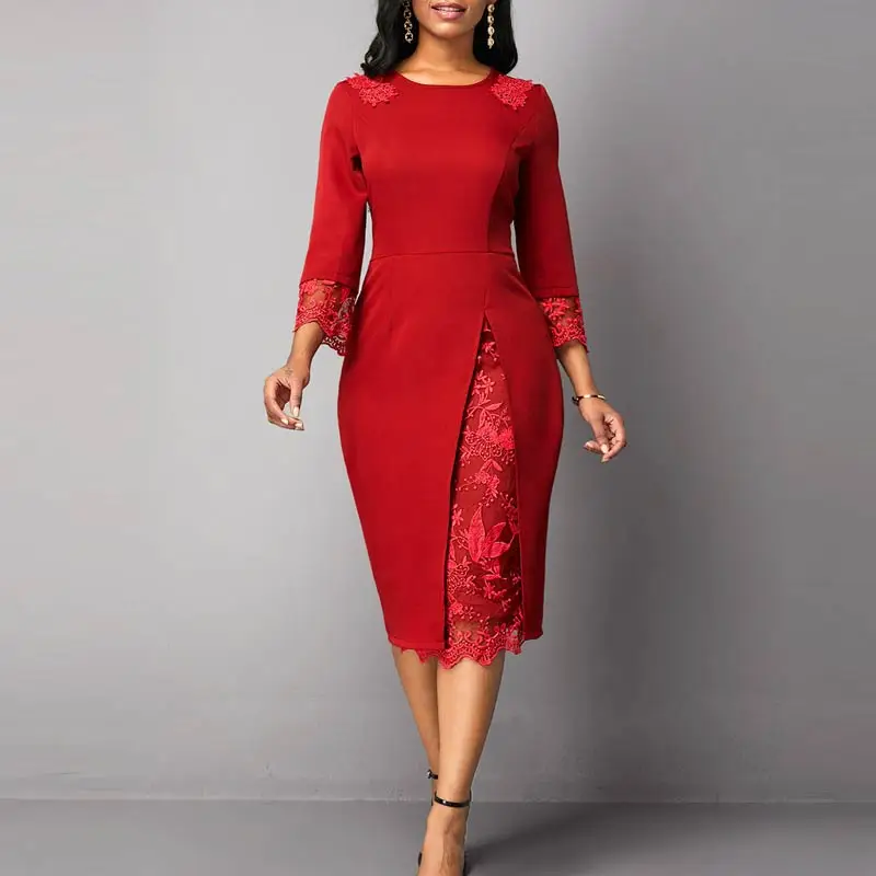 OTEN кружевные лоскутные платья размера плюс, женские платья с вышивкой, 3/4 рукава, одноцветные элегантные вечерние миди платья, осенние платья-карандаш с круглым вырезом - Цвет: Red
