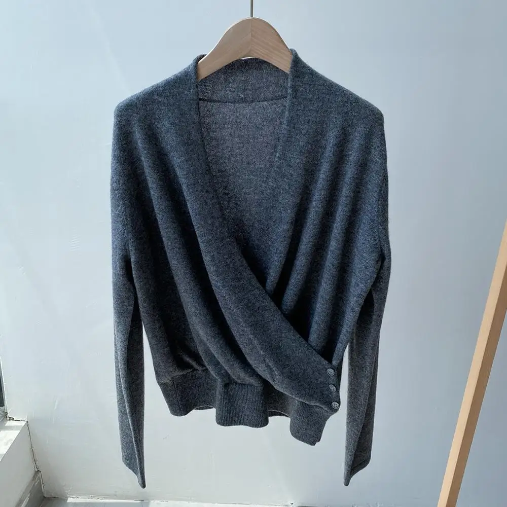 Women's 100% Cashmere Sweater Cross V-neck Solid