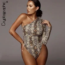 Cryptographic One Shoulder Fashion Snake Print Sexy Bodysuits Romper Womens Jumpsuit Slim Long Sleeve Female Body Mujer