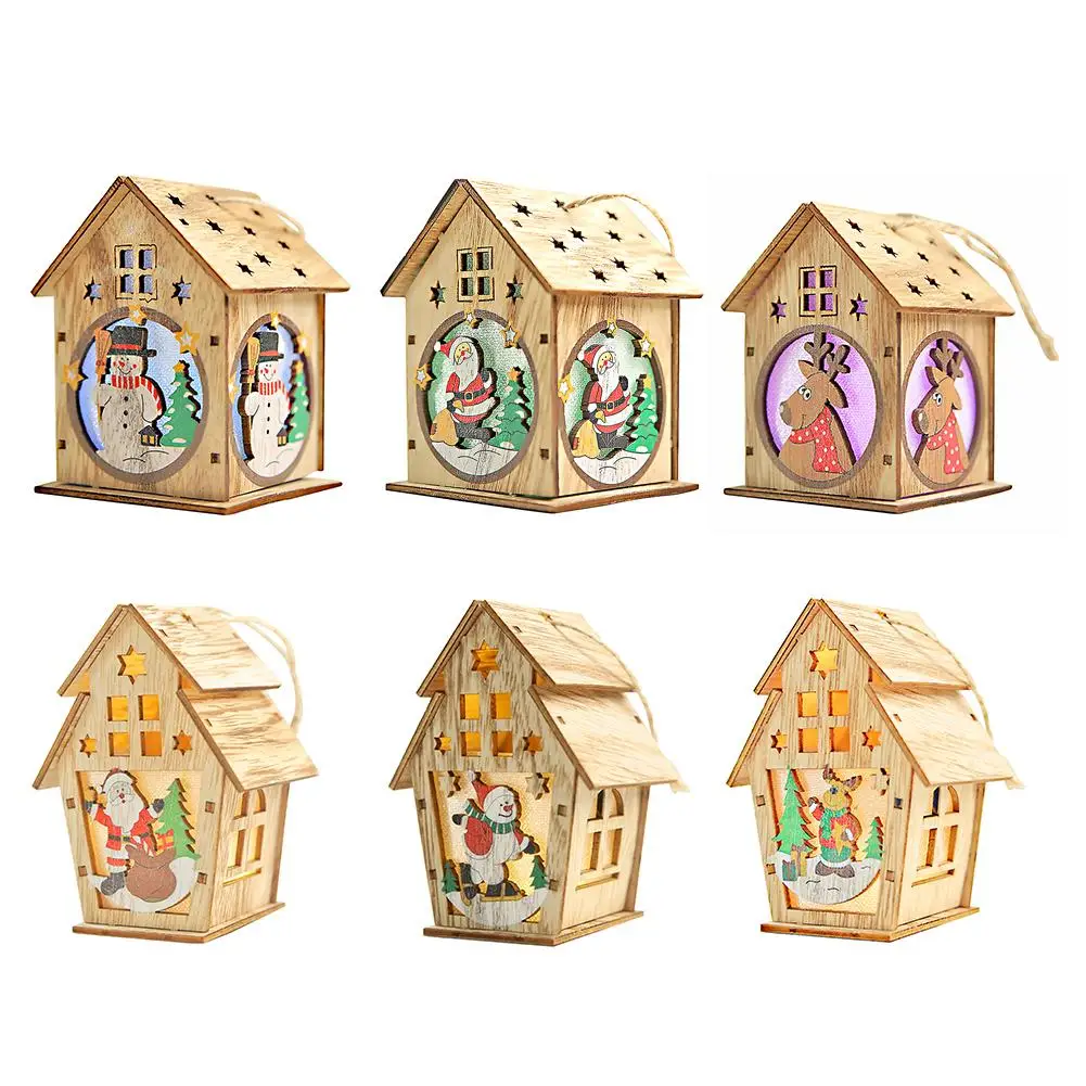 

Wooden Christmas Pendant House Shaped Cartoon Doll Ornaments with Light Xmas Tree Window Table Festival Decoration