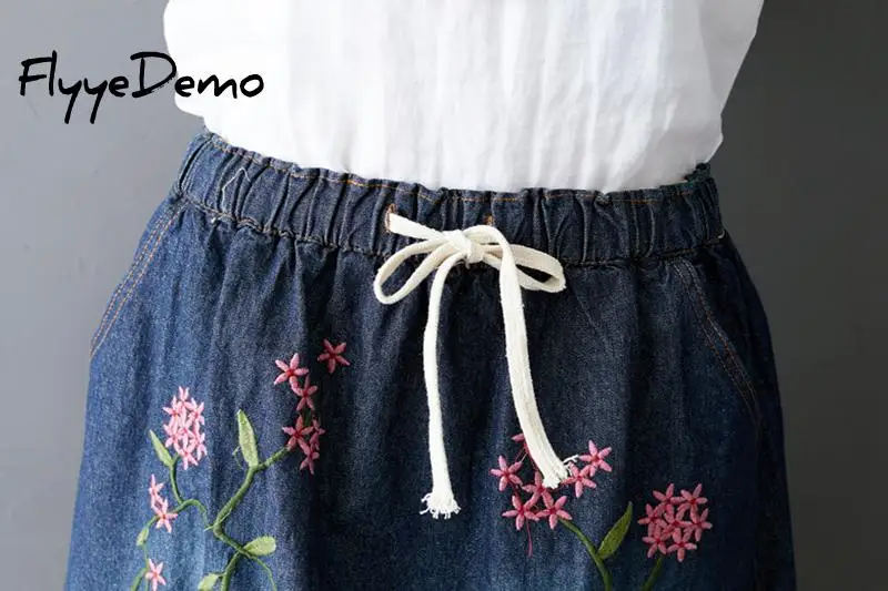 Осенняя джинсовая юбка с цветочной вышивкой для женщин, Повседневная джинсовая юбка средней длины с высокой талией и карманами