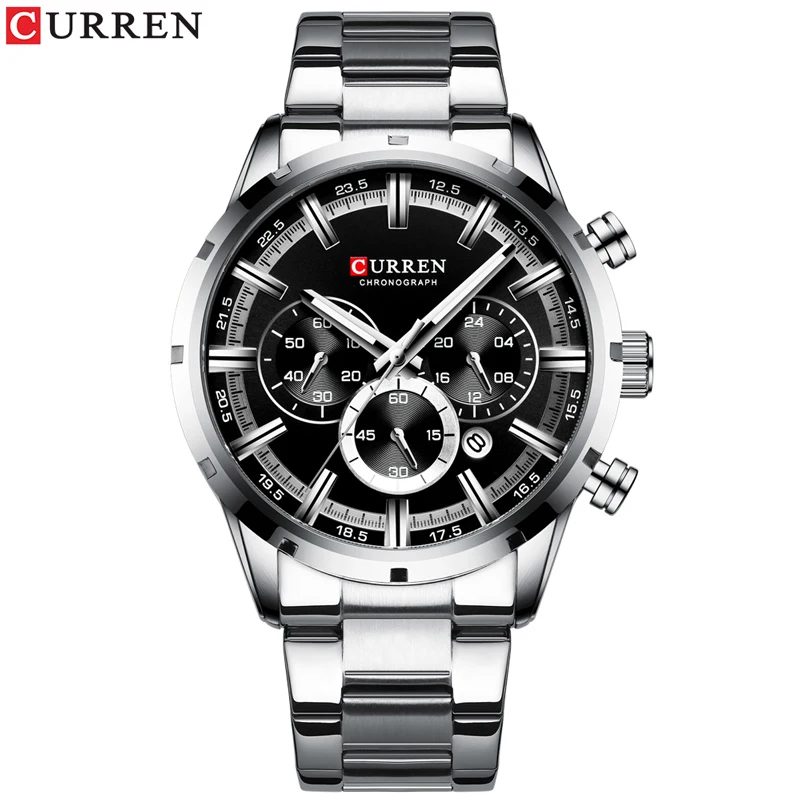 silver black watch CURREN Топ бренд класса люкс кварцевые часы для мужчин s Нержавеющая сталь Дата хронограф часы для мужчин модные повседневные спортивные часы - Цвет: silver black watch
