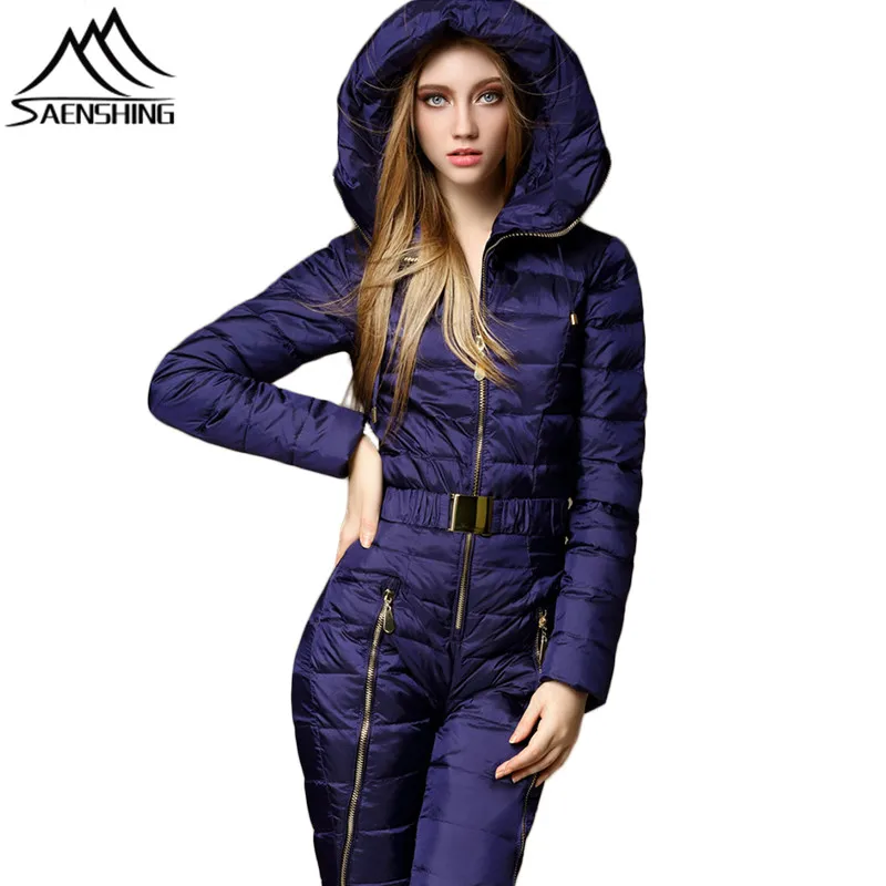 Baratos SAENSHING Snow Jumpsuit traje de esquí de invierno mujer chaqueta impermeable para esquí pantalones monos de snowboard al aire libre femenino Thicken Warm Set