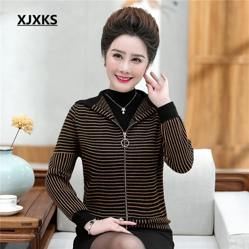 XJXKS autumn winter new fashion hooded women's jacket plus size striped comfortable cashmere women's knitted cardigan coat - Цвет: Caramel
