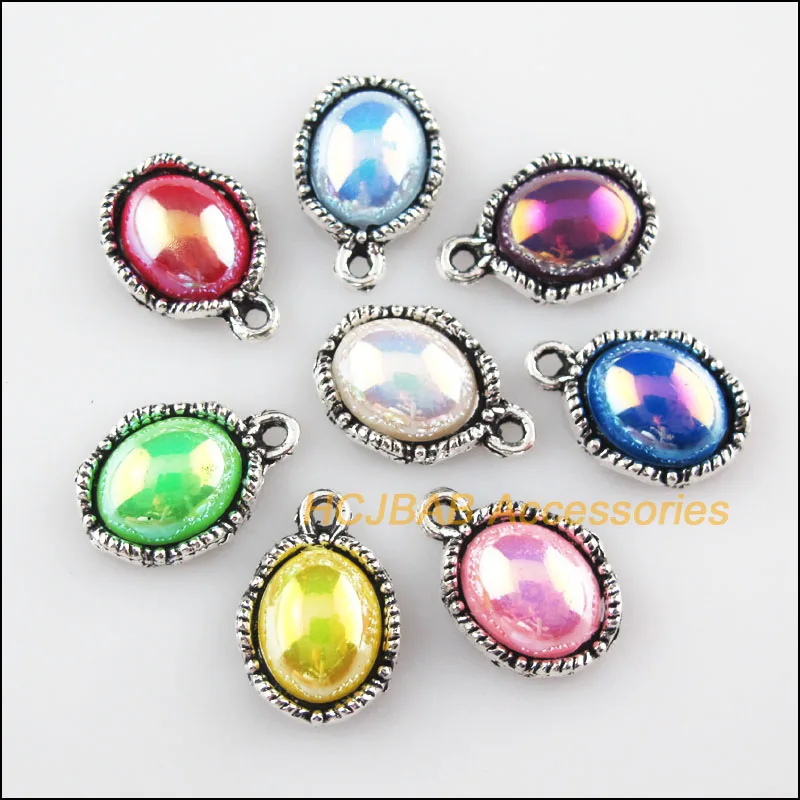

24 New Flower Oval Mixed Acrylic Charms Tibetan Silver Tone Pendants 10.5x16mm