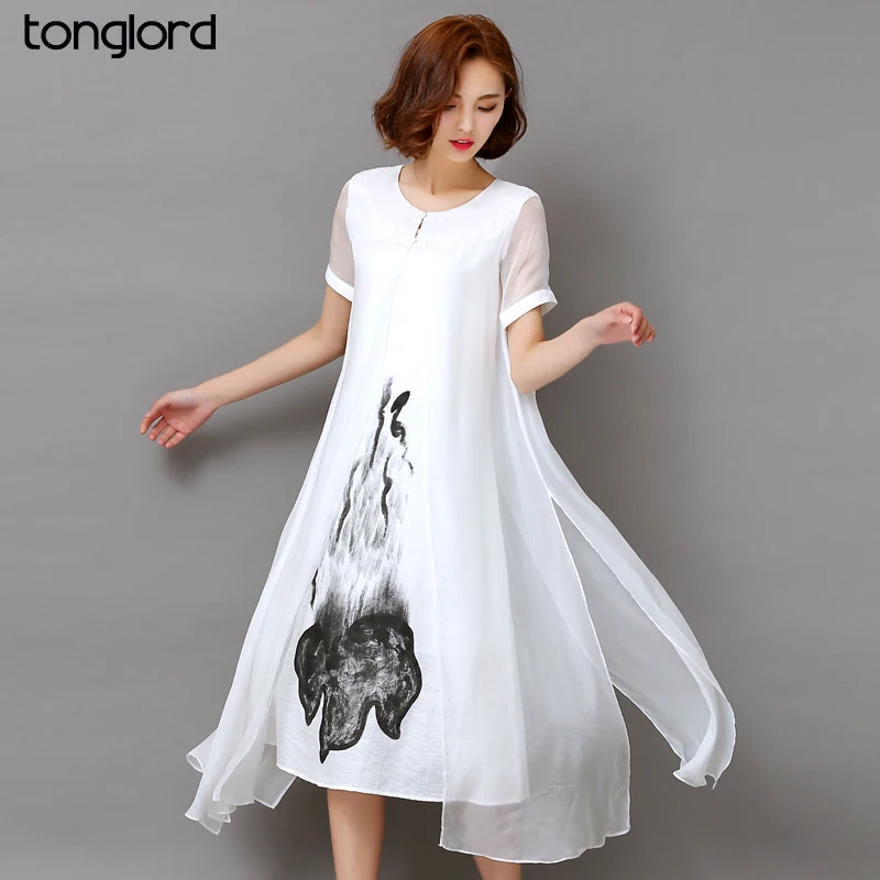 

beautiful !! High Quality 2019 New Spring Summer Women Work Wear Ink Print Retro Cotton Linen Designs Casual Dresses Slim White