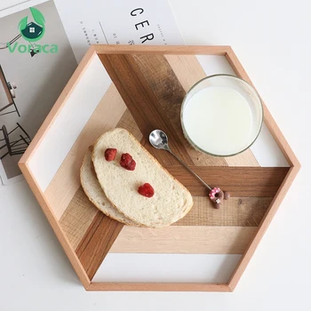 

Wooden Hexagonal Serving Tray Decorative Wood Plate Tea Dessert Bread Trays Food Server Dishes Home Decoration Photography Props