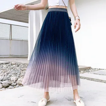

Summer Women Mesh Pleated Skirt Long High Waist Skirts 2020 Fashion Casual Preppy Style Chic Elegant Blue Female Streetwear