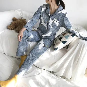 

Winter And Spring New Fashion Ladies Pajamas Cotton Korean Version Women Long-sleeve Lapel Cranes Printed Elegant Home Clothes