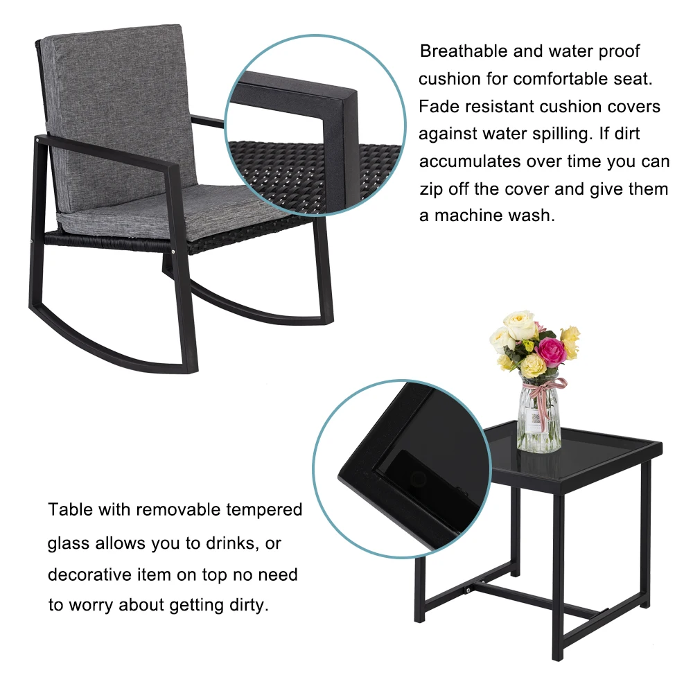 【US Warehouse】3 PCS Rocking Chairs Set Outdoor Patio Furniture with Glass Coffee Table (Black) (Outdoor rattan sofa 【US Warehouse】3 PCS Rocking Chairs Set Outdoor Patio Furniture with Glass Coffee Table (Black) (Outdoor rattan sofa