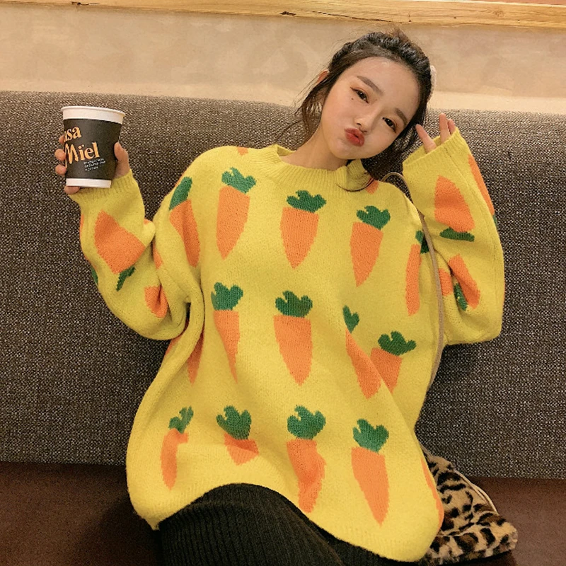 Goedkoop Vrouwen Gezellige Wortel Print Trui Leuke Cartoon Ronde Hals Lange Mouwen Oversized Trui Jumper Herfst Winter Gebreide Tops