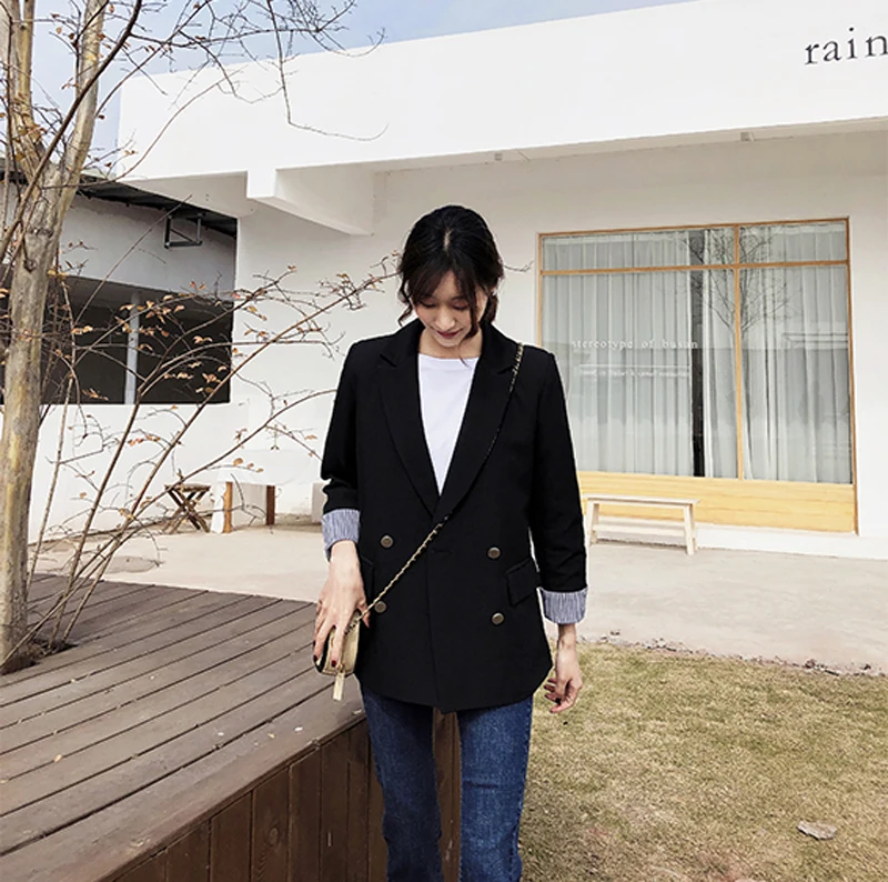 New Women Blazer Double Breasted Black Striped Sleeve Notched Casual Female Blazer Women Jacket Autumn Outerwear Coats