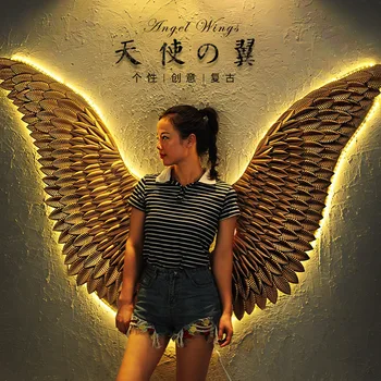 

1.3m Large Ancient Iron Wall decoration angel wings with LED Creative Retro wings Bar Cafe Wall decor. iron Home decor accessori