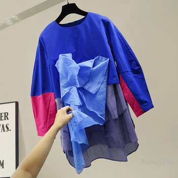 

2020 Autumn Women's Dress Fashion Candy Color Contrasting Color Stitching Irregular Shirt Dress Female Loose Long Sleeve Dress