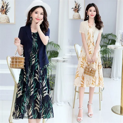 

2019 Summer Wear New Style Korean-style Elegant Slim Fit Fashion Chiffon Dress Two-Piece Set Medium-length Dress Set