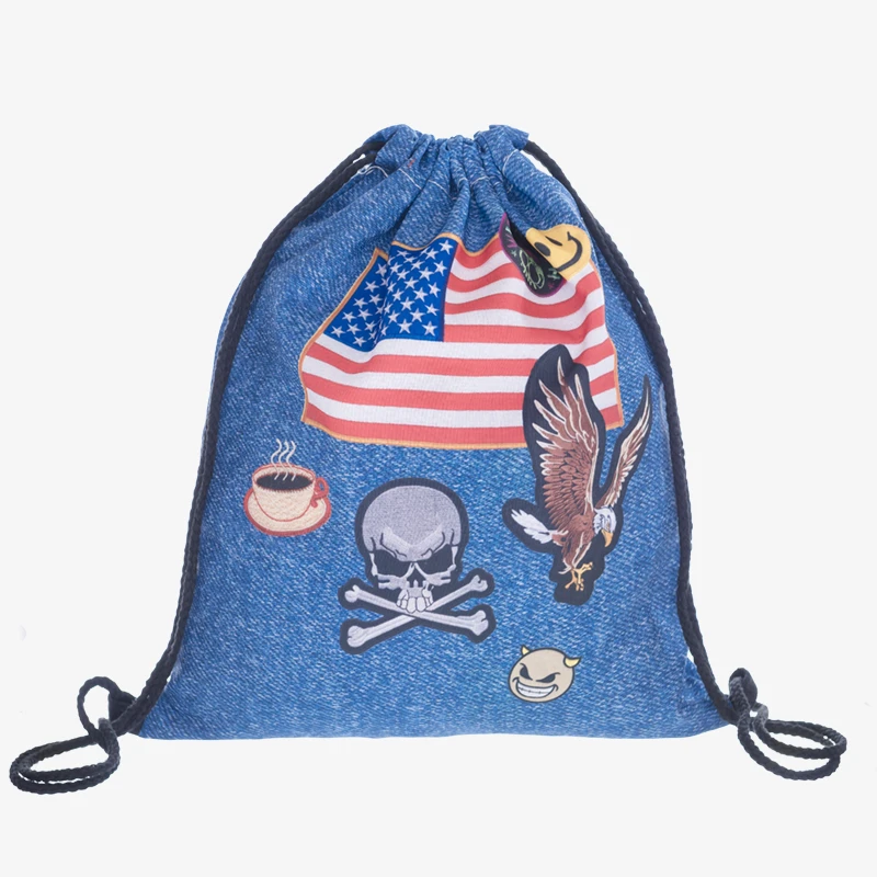 Новый 3D мешок с кулиской принтом джинсы Pathed модные Mochila Cuerda дома и на открытом