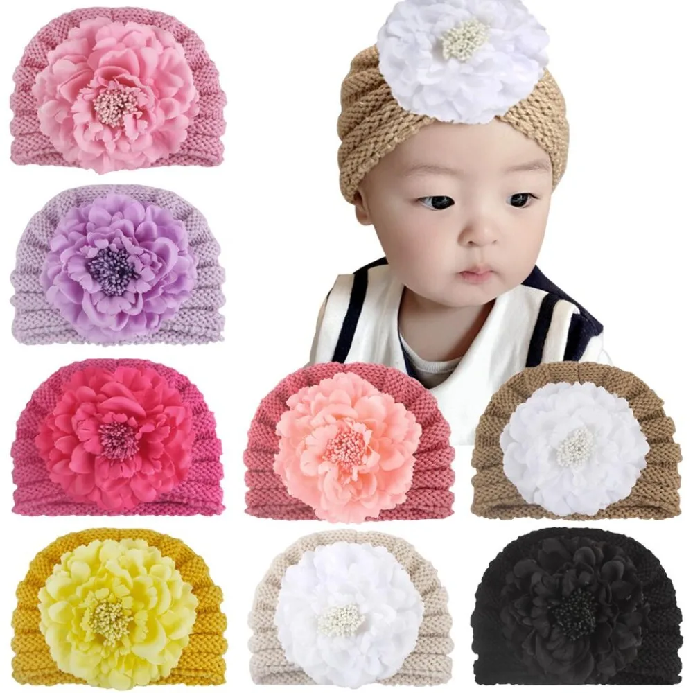 Зимняя детская шапочка с большим цветком, вязаная детская шапка для девочек, для новорожденных, Детская чалма, эластичные зимние шапки для детей