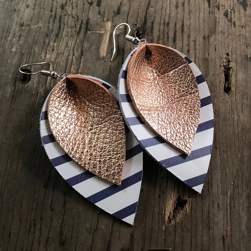 Double Layer Glitter Colorful Striped Teardrop Earrings Rose Gold Leather Blue And White Stripes Large Leaf Earrings Stock