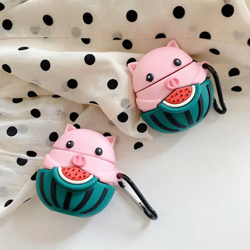 Watermelon Pig Pattern Protective Case Silicone Cover with Carabiner for AirPods for smart watch