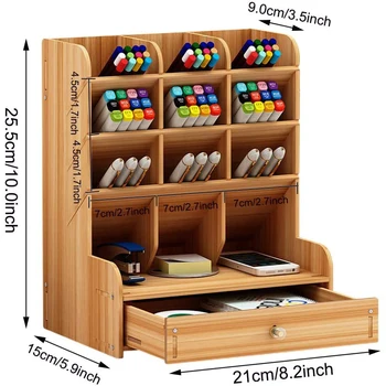 

Wooden Desk Organizer MultiFunctional DIY Pen Holder Box Desktop Stationary Assembly Home Office Supply Storage Rack with Drawer