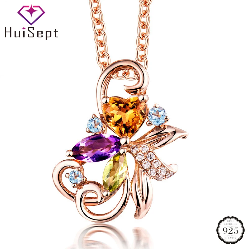 

HuiSept Women Necklace 925 Silver Jewelry with Topaz Gemstone Flower Shape Pendant Accessories for Wedding Party Promise Gift