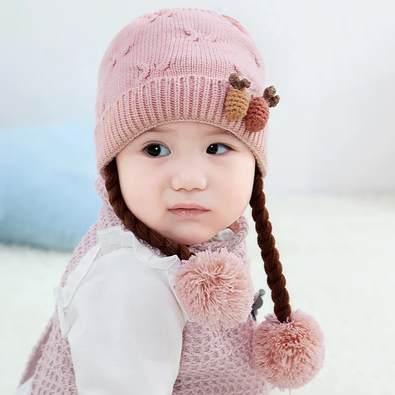Шапки для девочек с изображением медведя; Новые брендовые зимние детские шапки; шапки для новорожденных; вязаные шерстяные шапки с героями мультфильмов; милая одежда для малышей - Цвет: Pink -AX1265